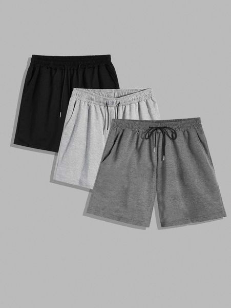 

romwe guys 3pcs solid hidden pocket drawstring shorts z8gz#, Black