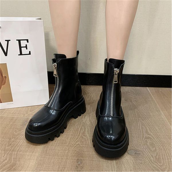 

2021 new winter women's chunky leather boots female punk shoes black bootie o10b
