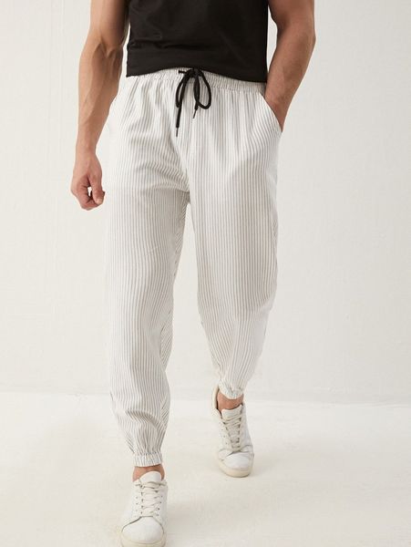 

men drawstring waist striped pants 72z0#, Black