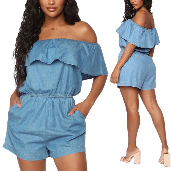 Imkute Straplez Kapalı Omuz Ruffles Tulum Seksi Kolsuz Kadınlar Denim Bak Yaz Yüksek Bel Gevşek Tulum Şort Rompers T200704