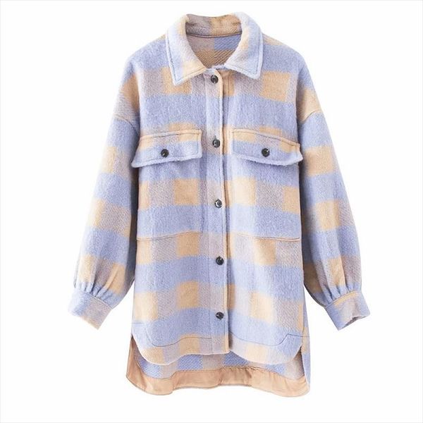 

stylish sweet plaid woolen shirt jackets women fashion pockets turn down collar check jacket cute girls chic coat streetwear, Black