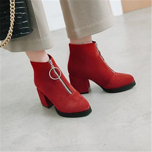 

boots pxelena square chunky block heels ankle women flock fashion office lady short front zipper 34-43, Black