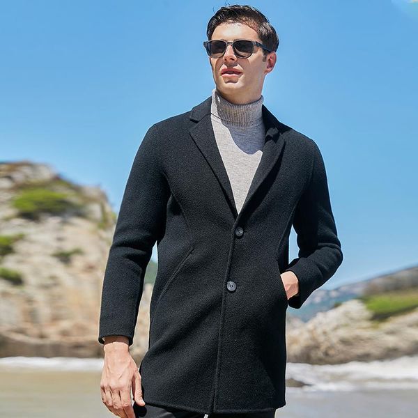 

men's wool & blends winter business woolen coat long korean leisure, Black