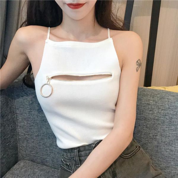 

girls front ring zipper camisole crop female hollow out knitted cropped sleeveless t shirts woman, White