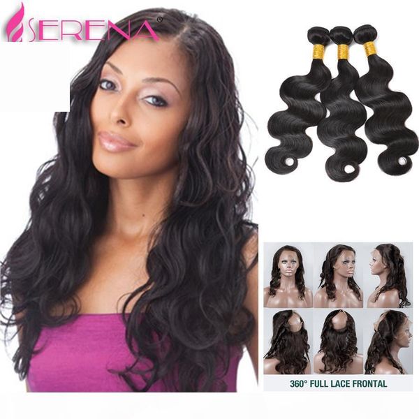 

360 lace frontal with bundle 7a brazilian virgin hair closure with bundles brazilian body wave pre plucked frontal with bundles, Black;brown