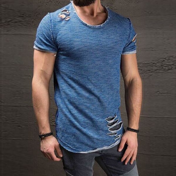 

2021 summer solid color slim fit short sleeve t-shirt casual fashion ripped hole tshirt o neck men's tee shirt homme, White;black