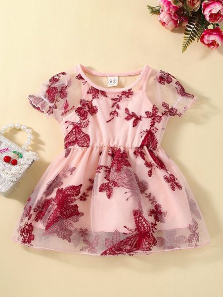 

baby butterfly embroidery mesh overlay puff sleeve dress she, Red;yellow