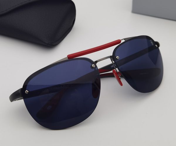 

rimless driving sunglasses racing style metal nylon fiber frame shield logo red yellow rubber temple hole detail design includes leather cas, White;black