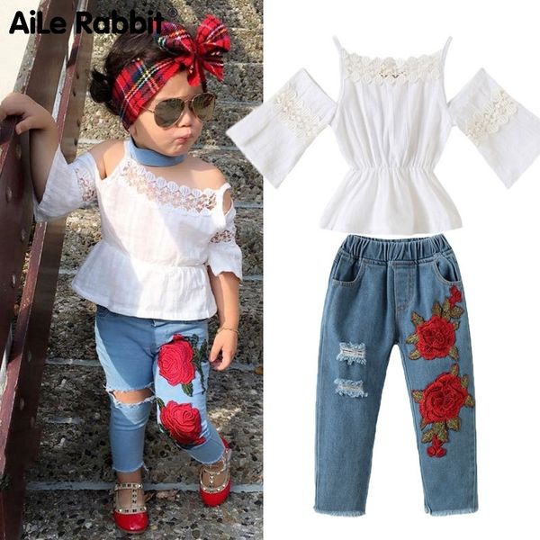 Ins Explosion Neue Mädchen Anzug Europäischen Rose Sling Spitze Jeans 2 Teile Einem Ersatz Kinder Mädchen Kleidung Kinder Kleidung Set LJ200917