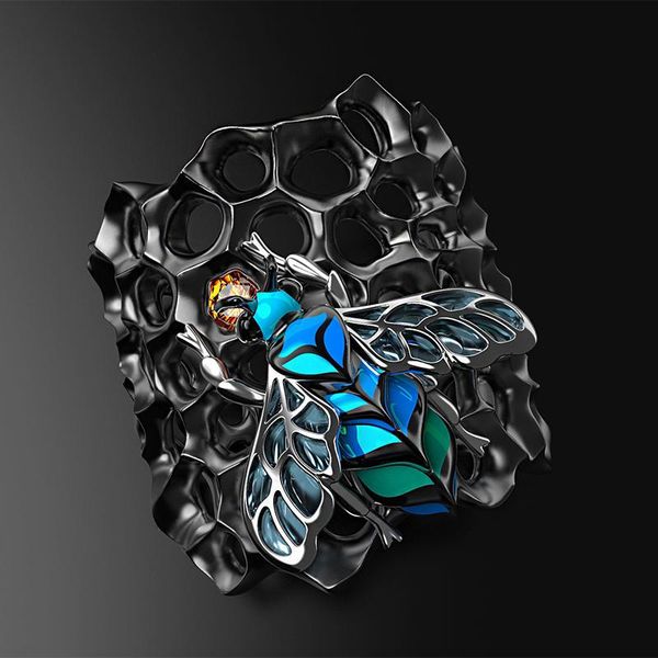 

creative glue blue bee honeycomb rings for men vintage punk insect jewelry hip hop hyperbole ring male boho finger bands wedding, Slivery;golden