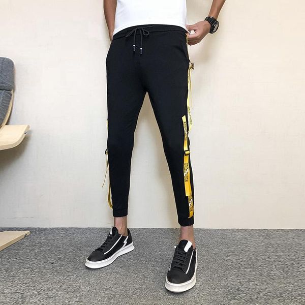 

summer men pants fashion 2019 slim fit casual pants men streetwear side ribbon design trousers comfortable thin joggers 341, Black