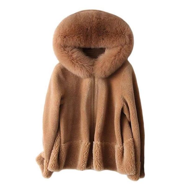 

women's fur & faux coat female sheep shearer autumn winter granular fleece short hair collar hoodie, Black
