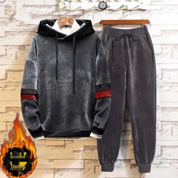 

single/set gold velvet autumn and winter plus size 200 kg t-shirt double-sided velvet sweater thickened sports two-piece men's s, Gray