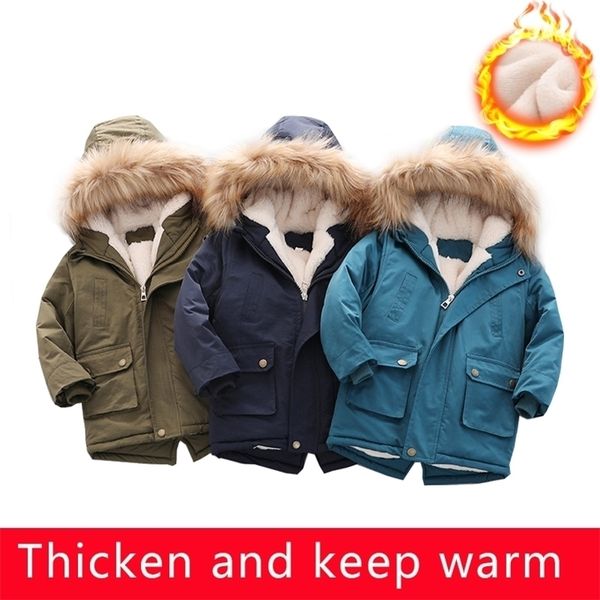 

outdoor jacket children winter boys hooded warm windbreaker casual baby boy girls plus velvet thick coats clothing lj201017, Blue;gray