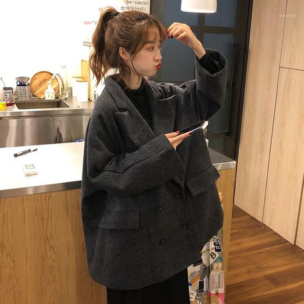 

woolen blazer women's middle long autumn and winter new korean version of loose spring hepburn style woolen coat1, Black