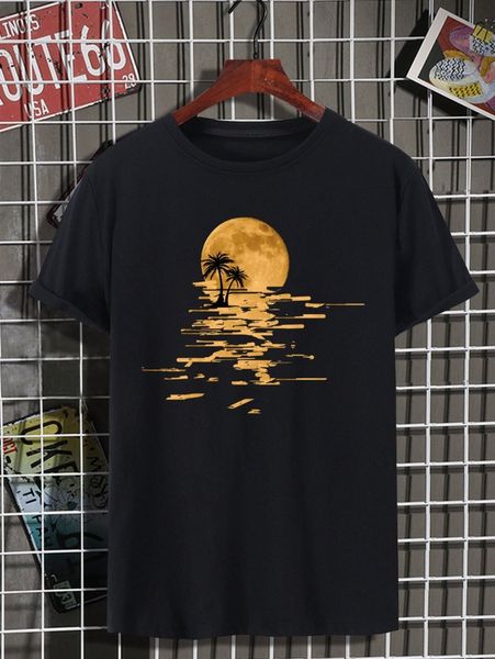 

men moon & palm tree print tee k1mm#, White;black