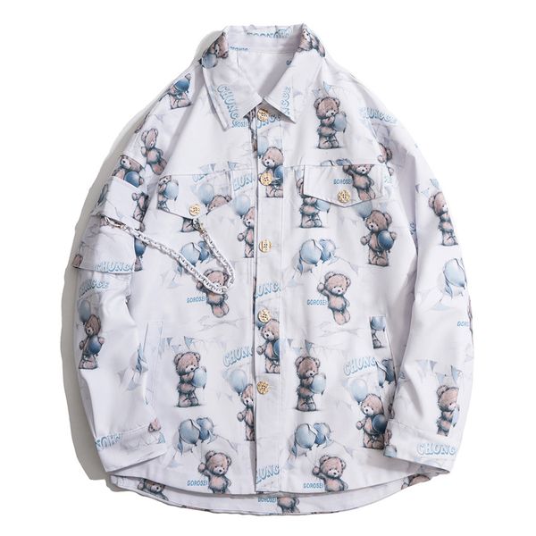 

2021 new hip hop retro bear fashion long sleeve shirts mens harajuku national style knitted streetwear snap button shirt 1y3t, White