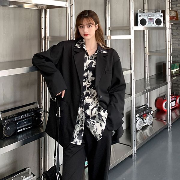 

ev2t8 autumn aofqo suit 2020 loose medium length dark bf style long sleeve coatkorean coat cool suit woman coat, Gray