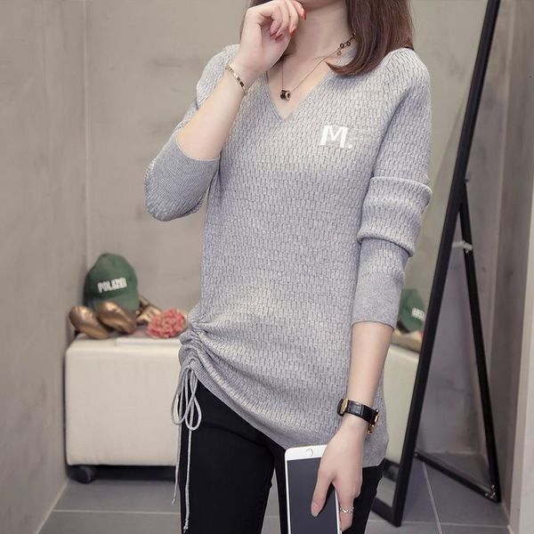 

plus size lace up knitted pullover sweaters women korean fashion v neck knitwear chic oversize polyester stretchy ladies jumpers, White;black