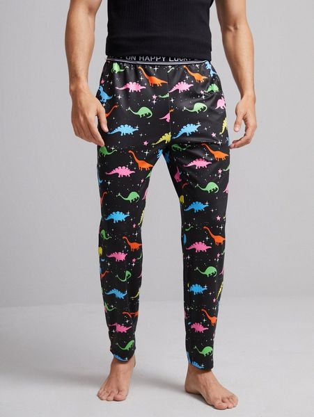 

men dinosaur print slant pocket sleep pants l1gz#, Black;brown