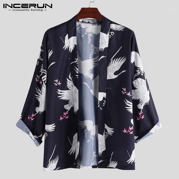 

incerun 2020 printing men japanese kimono cardigan long sleeve coats vintage loose men outerwear trench streetwear s-5xl1, Tan;black