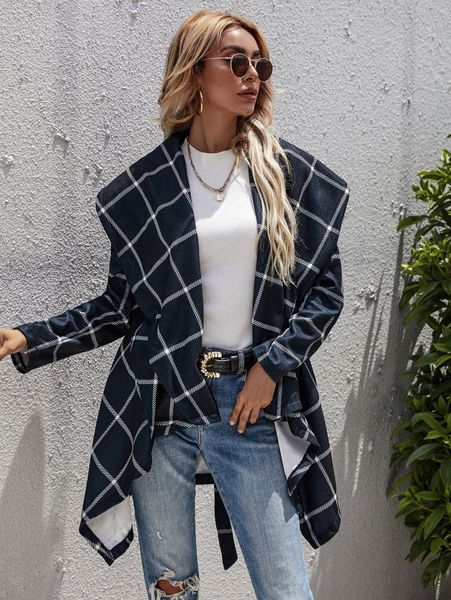 

grid print waterfall collar asymmetrical hem belted overcoat v9bi#, Black