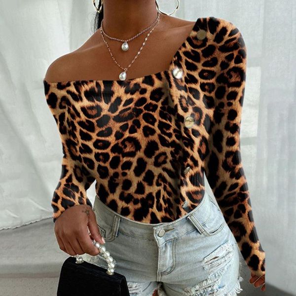 

muyogrt hedging leopard print -button irregular long sleeves-women leopard print v neck -t-shirt fashion loose t shirt basic top, White