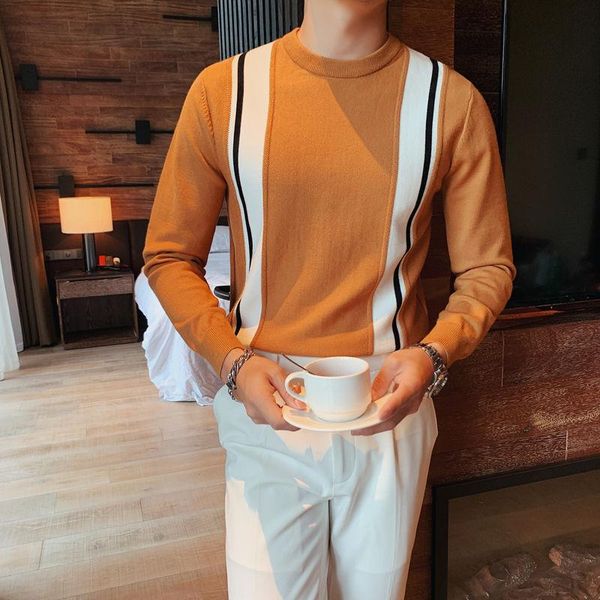 

autumn casual sweater british round neck pullover knitted ropa de hombre contrast color strip long sleeve base sweater men's, White;black