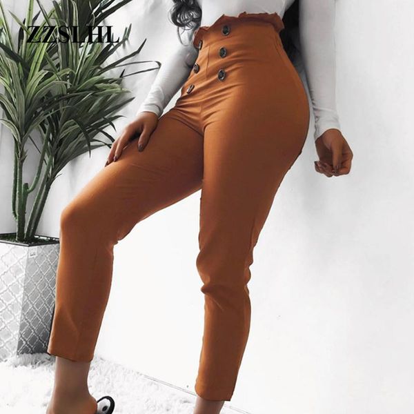 

casual pants solid color slim pants women's fashion fashion ruffles button design leggigns summer elastic, Black