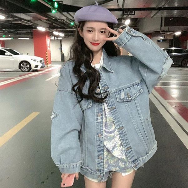 

women's jackets [ewq]2021 spring full sleeve plus size women trend coat korea style loose hole blue outerwear coats denim jacket qz409, Black;brown