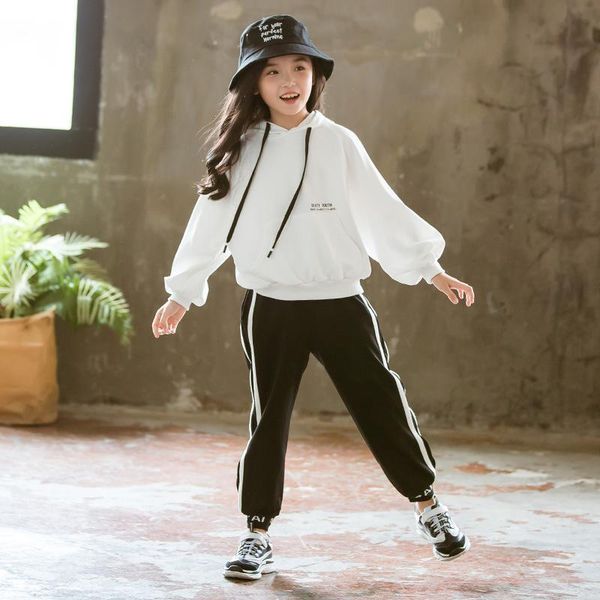 

cuhk children's casual suit kids long sleeve hooded sweatshirt+trousers two piece toddler girl outfits cotton sports girls set, White