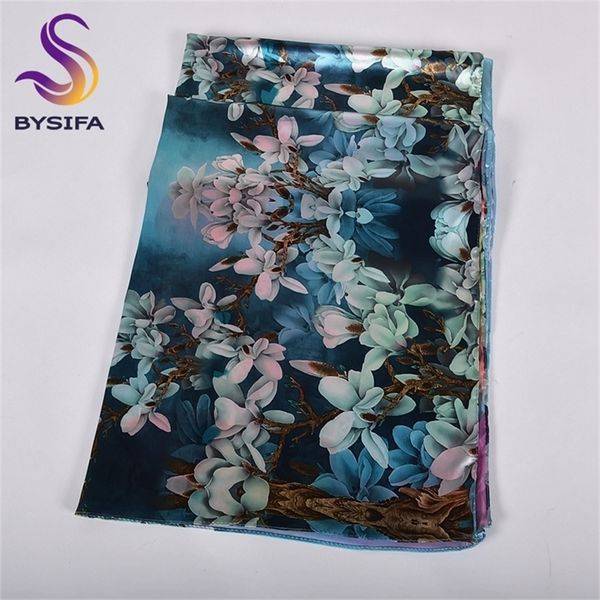 

bysifa] women ink blue satin long silk shawl femmes foulard new scarf cape ladies double faces scarves printed 160*70cm y201007, Blue;gray