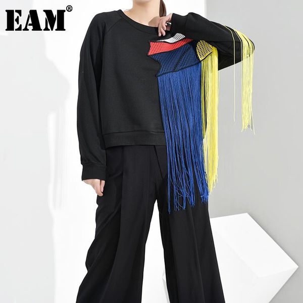 

eam] loose fit black colorful tassels sweatshirt new round neck long sleeve women big size fashion spring autumn 2020 1d7610
