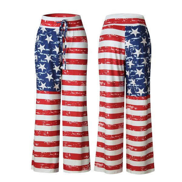 

new flag print drawstring women wide leg pants ladies casual home leisure trousers female workout streetwear plus size, Black;brown