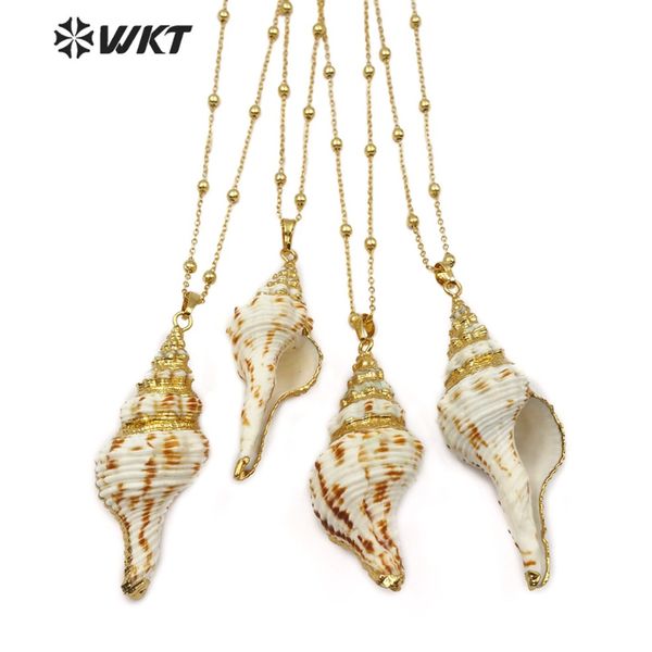 

wt-jn068 wkt natural trumpet shell with gold dipped necklace bohe style ball bead chain necklace pendant for women gift, Silver