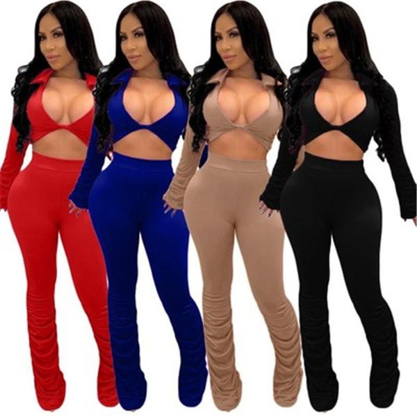 

women pile up sleeves suits fashion trend long sleeve deep v-neck pant sets designer female autumn solid color casual loose tracksuits, Gray