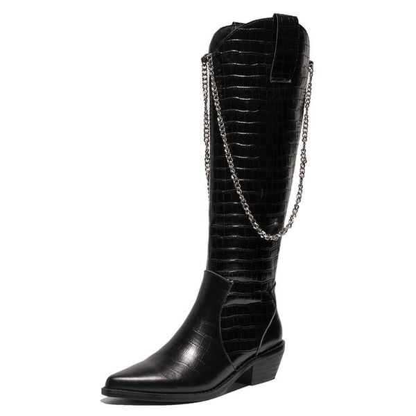 

new fall metallic chain retro cowboy western boots knee high boot women genuine leather with thick heel pointed alligator chains, Black
