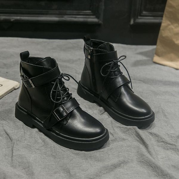 

boots ankle for women shoes woman solid black leather boots platform winter lace up belt buckle martin botas mujer