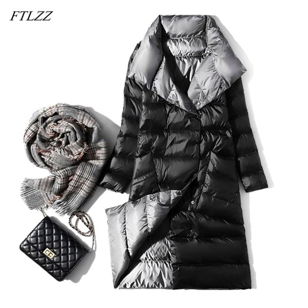 

ftlzz ultra light long jacket women winter double sided slim white duck down coat single breasted turtleneck warm parkas 201110, Black