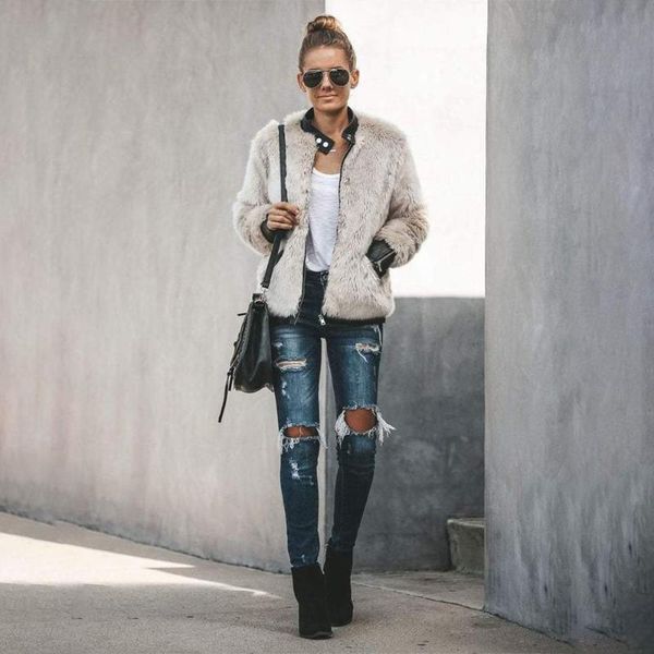 

women's fur & faux 2021 nwomen warm teddy bear fleece leather patchwork pocket long sleeve slim jacket zip up oversize outwear coats, Black