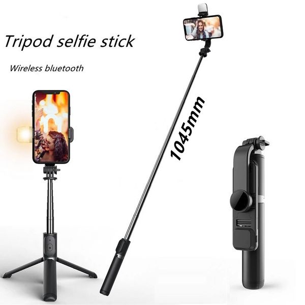 Sem fio Bluetooth selfie vara dobrável mini tripé com enchimento luz obturador à prova de choque tudo-em-um controle remoto branco / preto aço inoxidável para iOS android