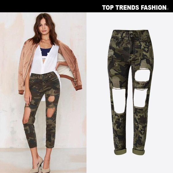 

boyfriend wind women high waist loose heat wave camouflage distressed jeans broken hole nine point pants plus size 27111, Blue