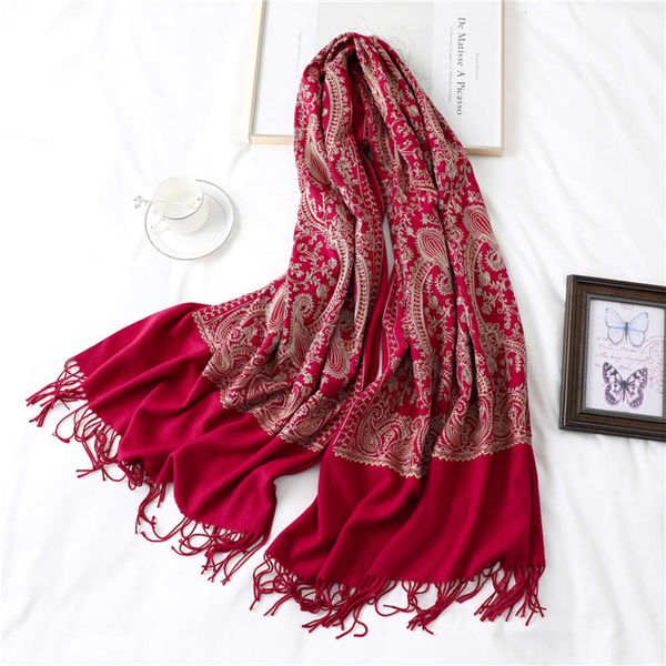 

autumn and winter new pure cashew embroidery cashmere like scarf women's national style embroidered tassel warm shawl, Blue;black