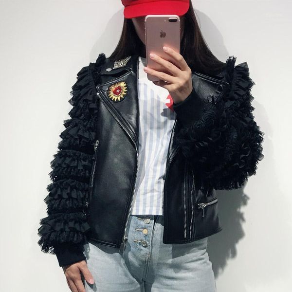 

ladies real leather jacket women genuine leather coat lace sleeve1, Black