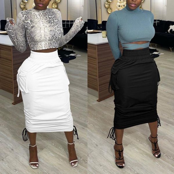 

pocket skirt white black female casual dress high-waisted long skirt gothic clothes