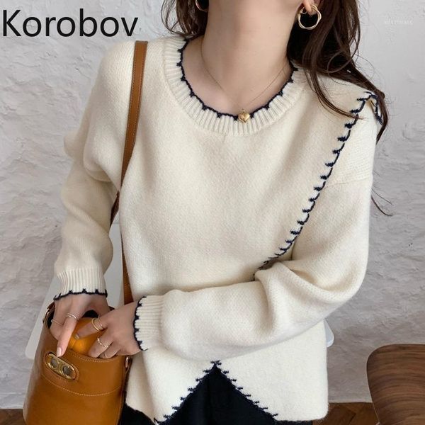 

korobov korean vintage hit color women sweaters 2020 new chic o neck long sleeve sueter mujer office lasy elegant pullovers1, White;black
