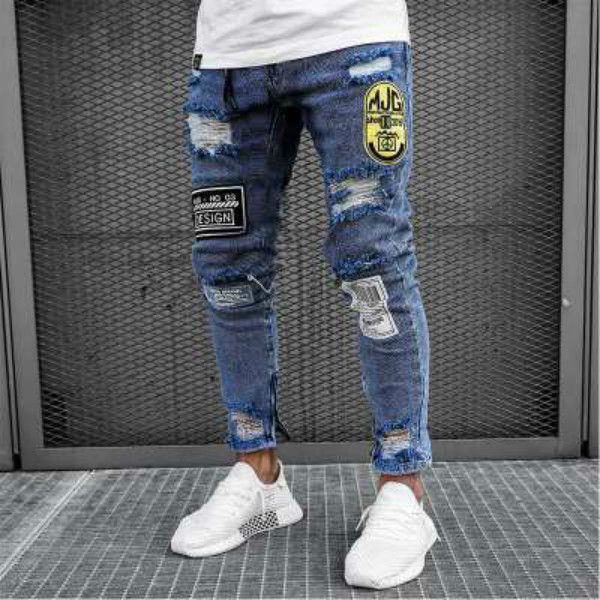 

mens jeans 2020fw mens new stretch slim fit jeans youth hole style pencil pants casual hip hop streetwear pants sale, Blue
