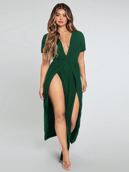 

plunging neck split thigh dress 233h#, Black;gray