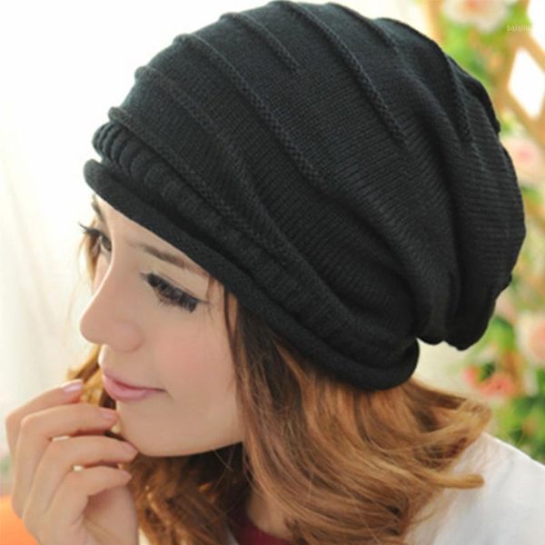 

men women winter knitted wool cap folds casual beanies hat solid color hip-hop beanie hat warm baggy cap1