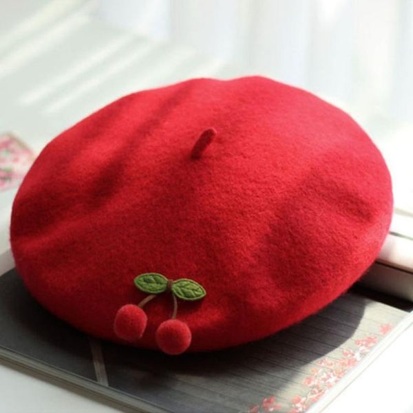 

women's berets vintage style handmade cherry wool beret sweet ladylike solid color cap painter cozy warm berets1, Blue;gray